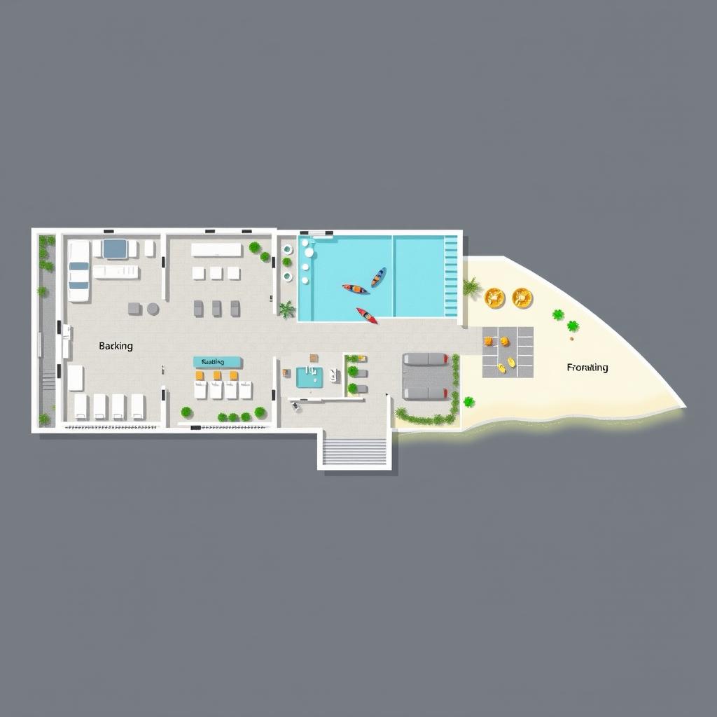 A 2D floor plan of a villa located in front of the beach
