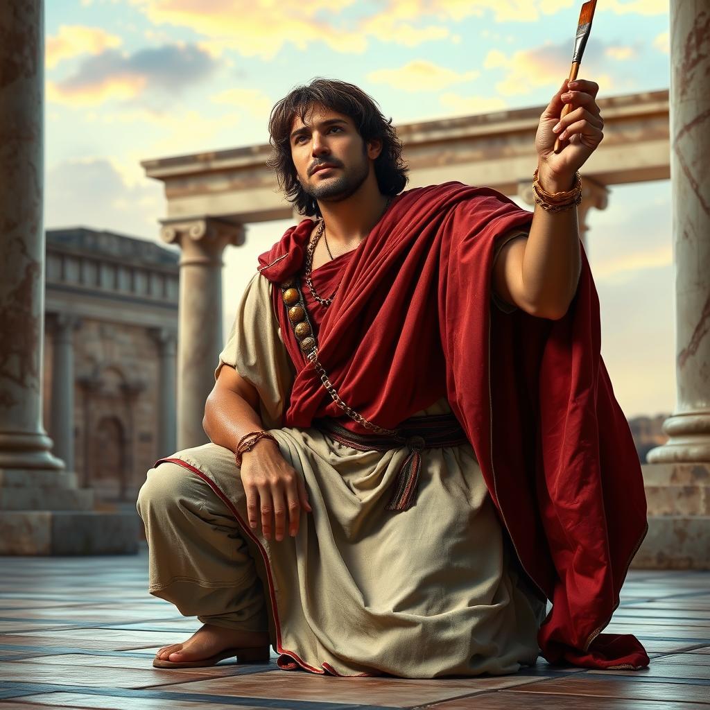 A Roman patrician kneeling on one knee, dressed in elegant traditional Roman attire, with a distinguished expression