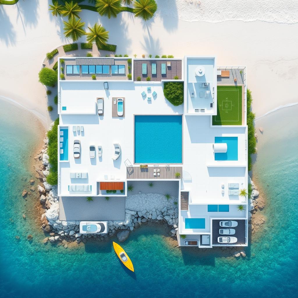 A detailed 2D floor plan of a luxurious white and blue villa situated right in front of the beach