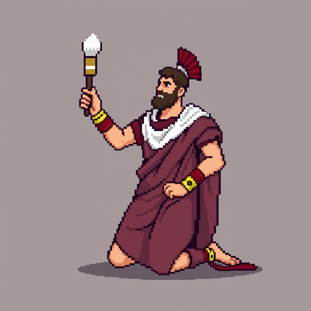 A pixel art depiction of a Roman patrician kneeling on one knee, dressed in traditional Roman clothing, and holding an elevated paintbrush in his right hand