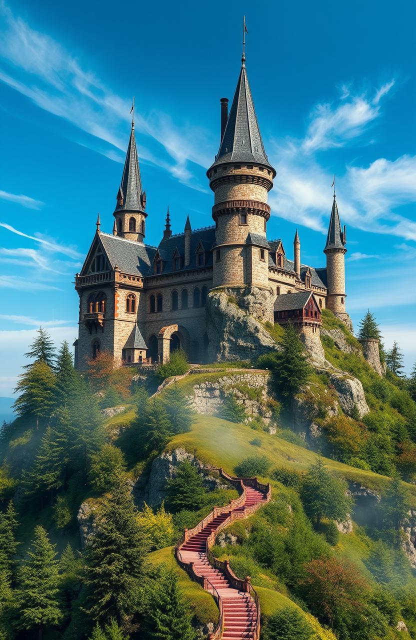 A stunning, realistic depiction of Ilvermorny School of Witchcraft and Wizardry, set atop the highest peak of Mount Greylock in Massachusetts