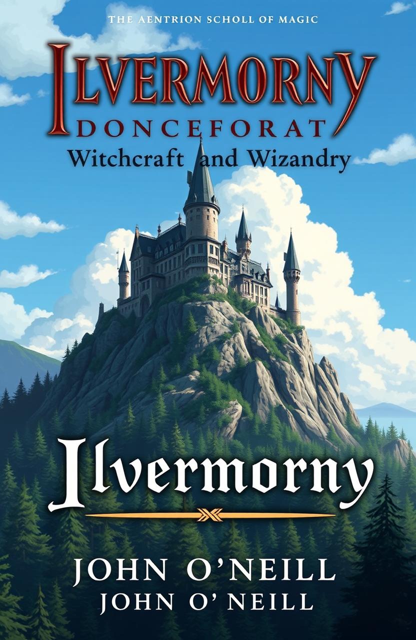 A stunning book cover for 'Ilvermorny School of Witchcraft and Wizardry' by John O'Neill, featuring an artistically rendered depiction of the great North American school of magic
