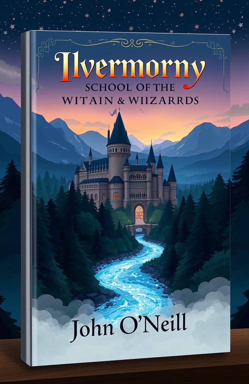 A captivating book cover design featuring a mystical and enchanting view of Ilvermorny School of Witchcraft and Wizardry