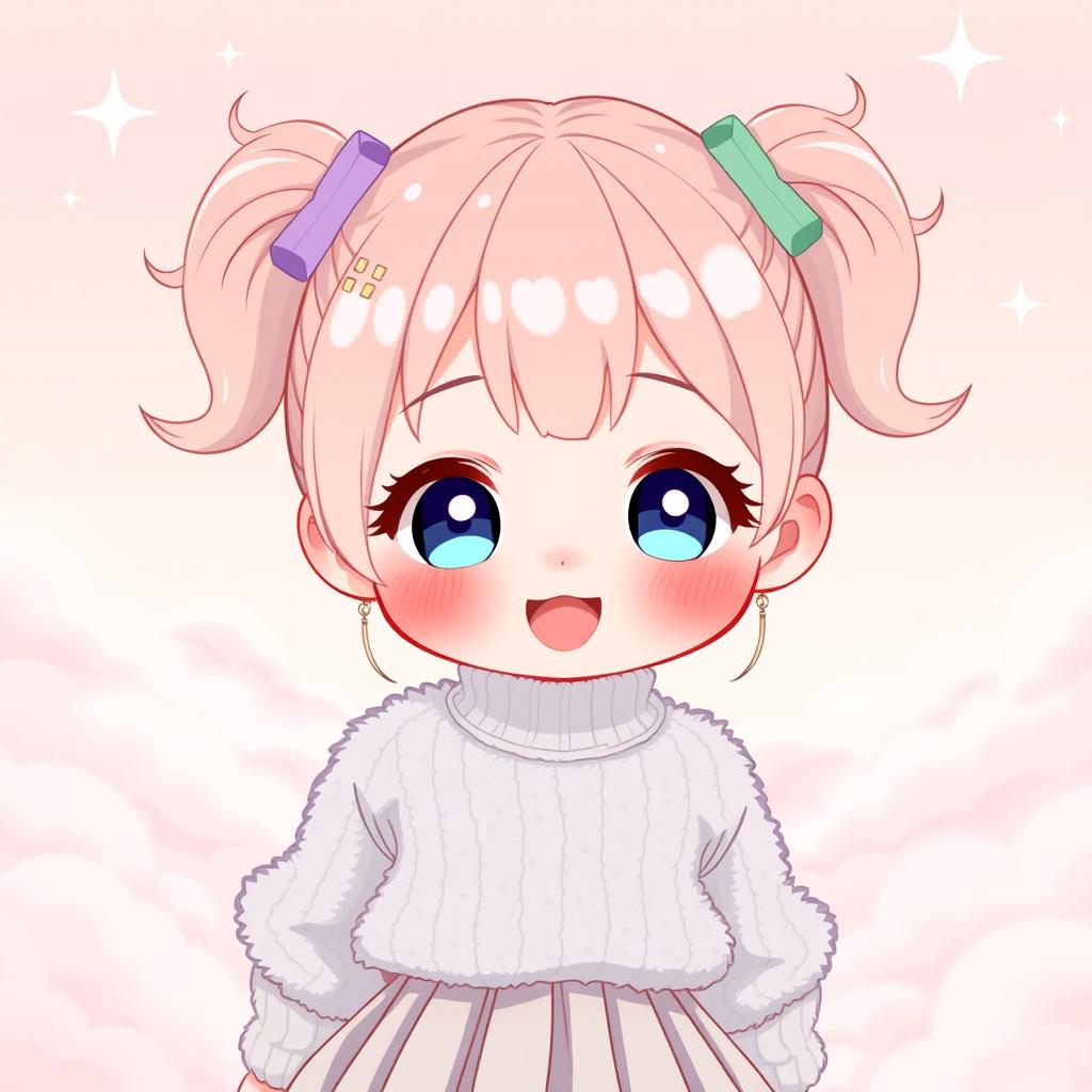 A cute and charming girl with an 'uwu' expression, featuring oversized round eyes sparkling with joy, chubby cheeks blushing softly, and a lively smile