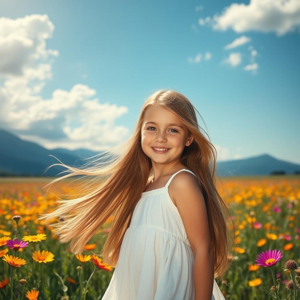 A beautiful girl with long flowing hair, standing in a sunlit field filled with vibrant wildflowers