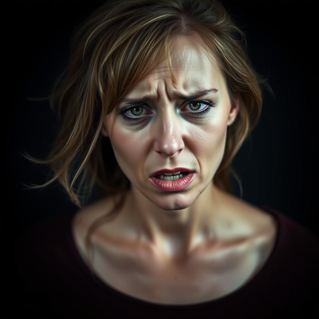 A woman in distress, portrayed in a dramatic and emotive way, set against a deep black background