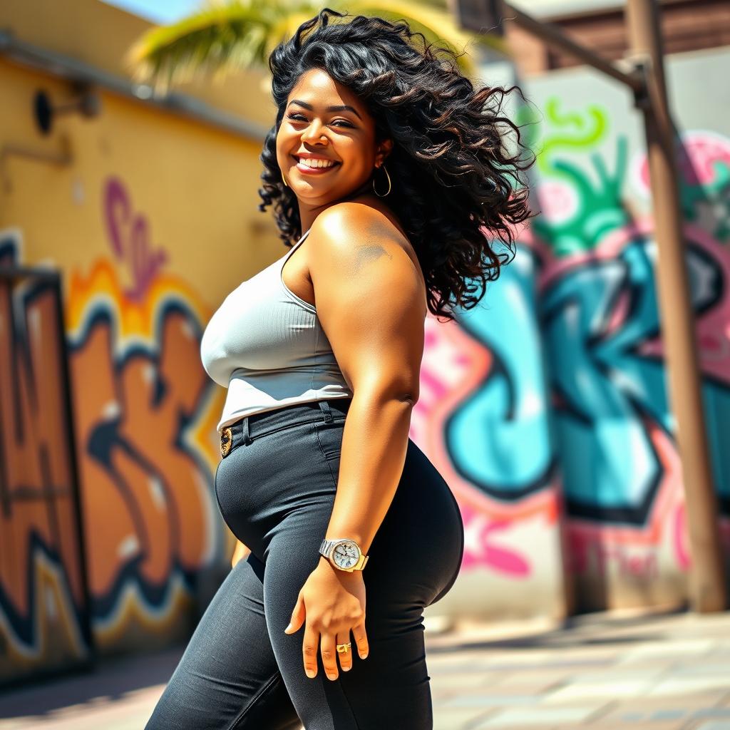 A vibrant and playful scene featuring a confident and curvy woman with a pronounced figure, showcasing an impressive big ass