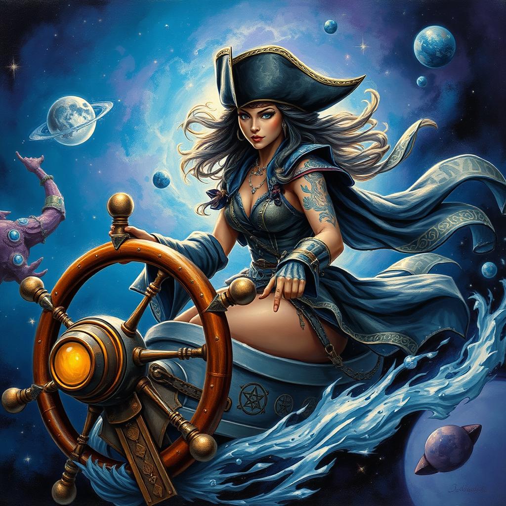 A fierce, bold female space-pirate confidently steering her intricately designed starship through a cosmic storm in the vastness of space