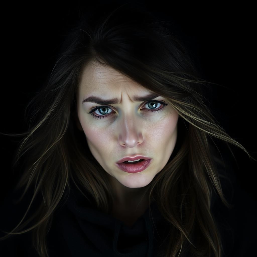 A woman expressing feelings of anxiety and distress, with a somber expression on her face
