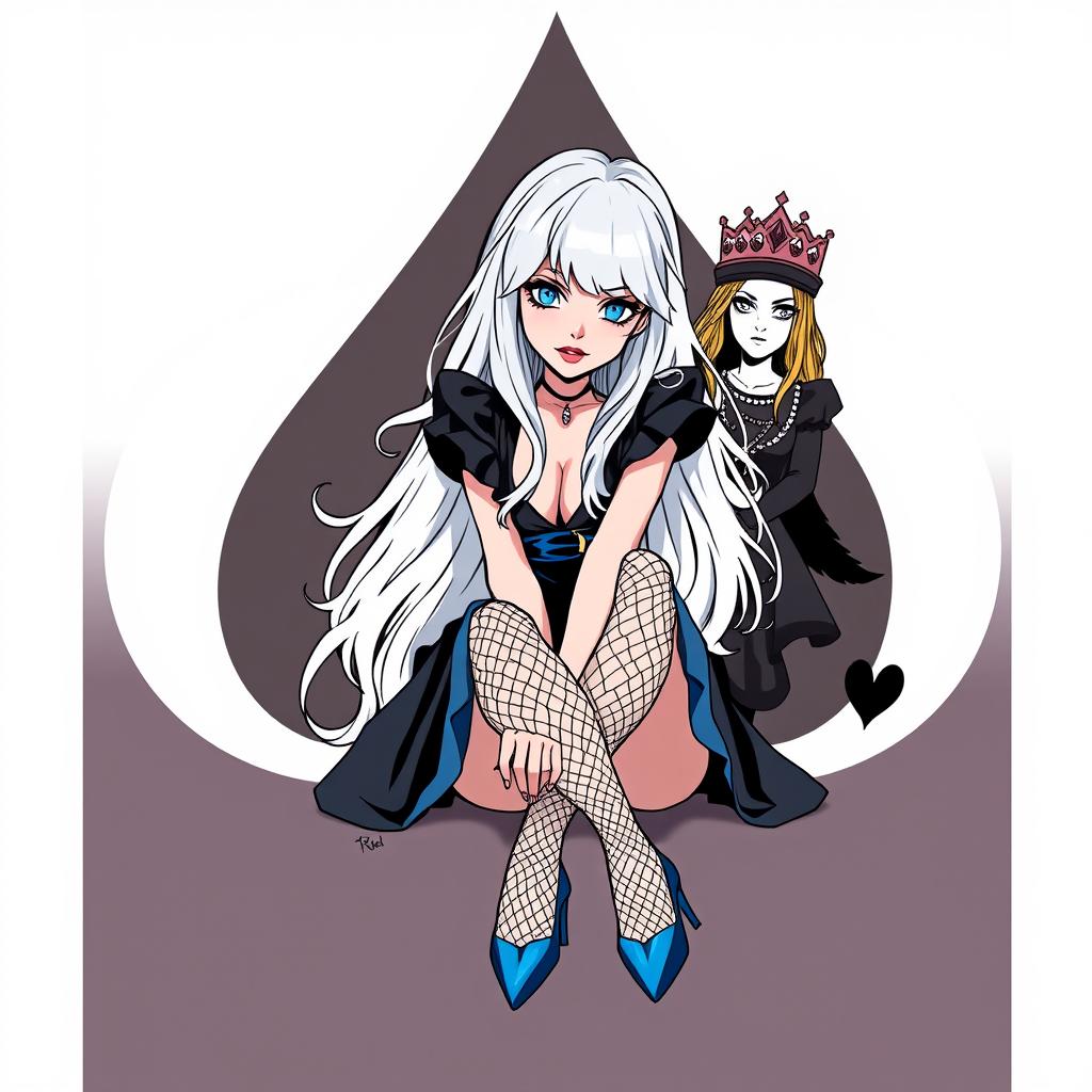 A modern, edgy stylized depiction of Alice from Alice in Wonderland, full-body shot, seated with knees drawn up, gazing directly at the viewer