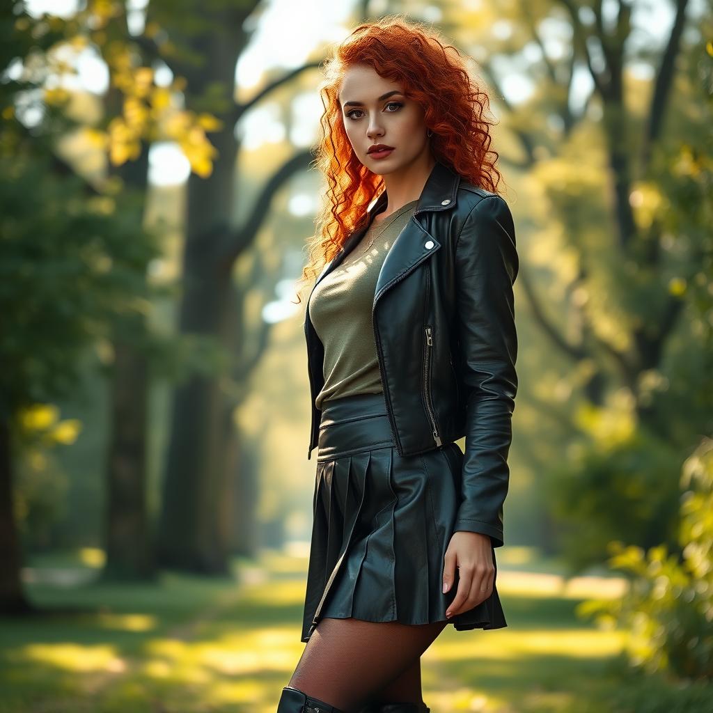 A stunning woman with a perfect figure and beautiful face, featuring vibrant red curly hair, stands in a serene park surrounded by lush greenery and towering trees