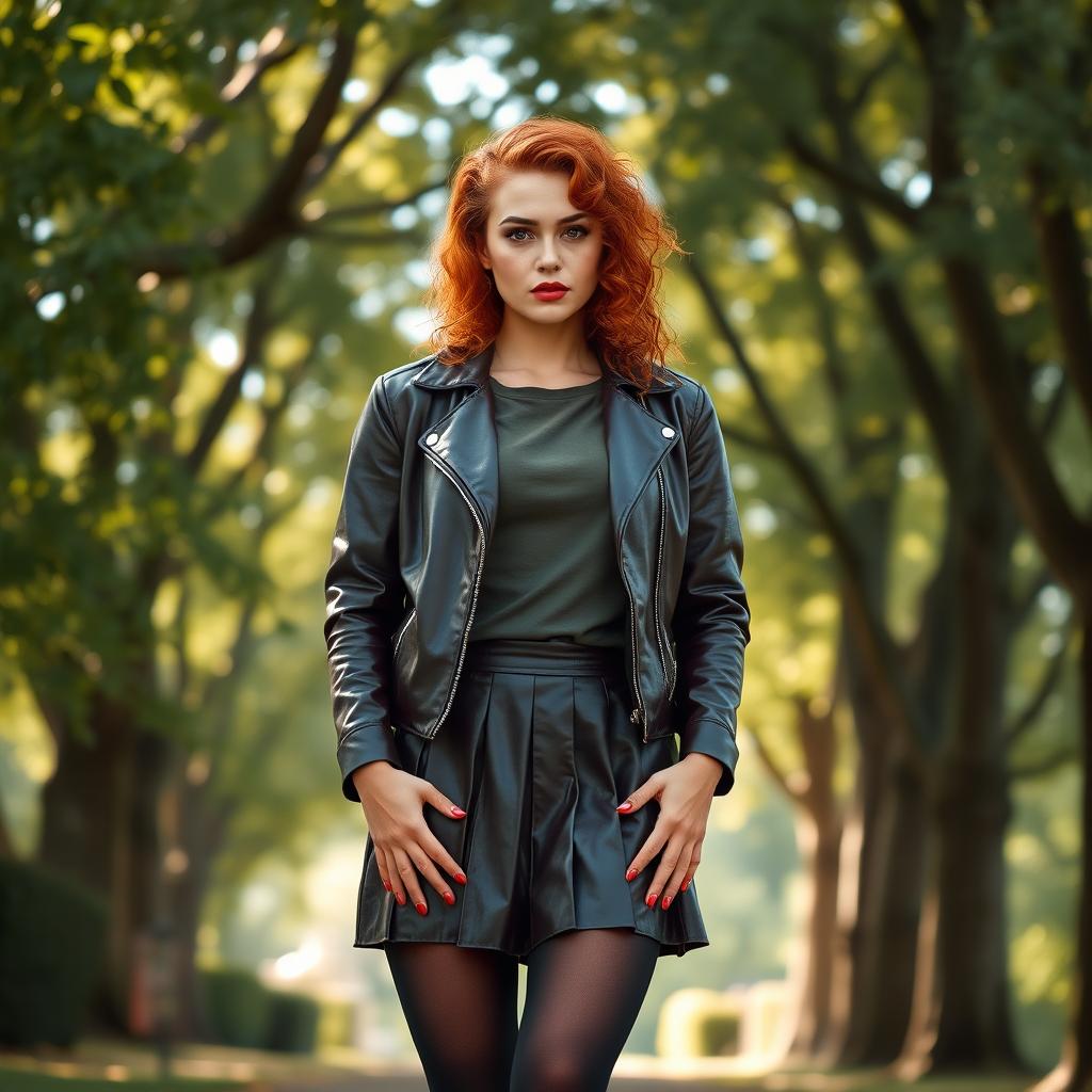 A stunning woman with a perfect figure and a beautiful face, vibrant red curly hair, standing in a serene park surrounded by lush greenery and towering trees