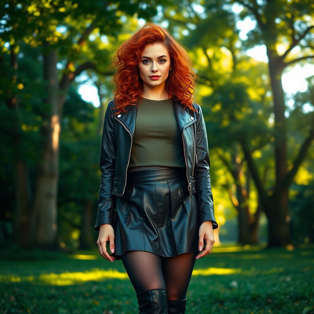 Stunning woman with a perfect figure, beautiful face, and vibrant red curly hair, standing in a serene park surrounded by lush greenery and towering trees, bathed in warm, natural light filtering through the leaves