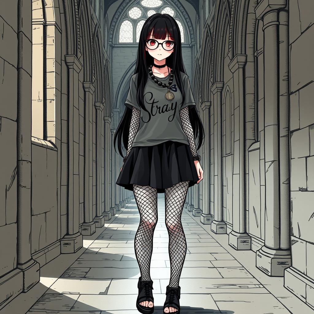 A detailed manga-style illustration of a goth girl walking through a gothic-style church hallway