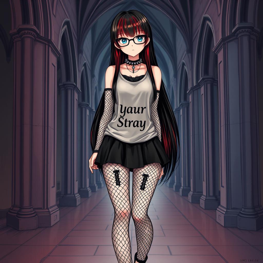 A manga-style illustration of a goth girl with long, straight black hair featuring striking red bangs