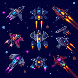 An array of 9 pixel art futuristic starfighters, showcasing a variety of creative designs including sleek, angular ships with bright neon colors, retro space-faring vehicles with metallic textures, and unique shapes with vibrant weaponry