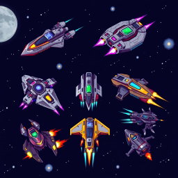 An array of 9 pixel art futuristic starfighters, showcasing a variety of creative designs including sleek, angular ships with bright neon colors, retro space-faring vehicles with metallic textures, and unique shapes with vibrant weaponry