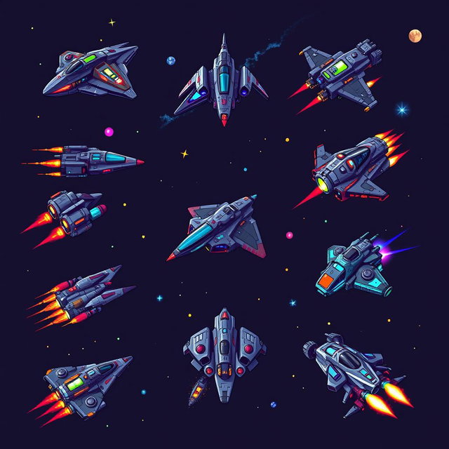An array of 9 pixel art futuristic starfighters, showcasing a variety of creative designs including sleek, angular ships with bright neon colors, retro space-faring vehicles with metallic textures, and unique shapes with vibrant weaponry