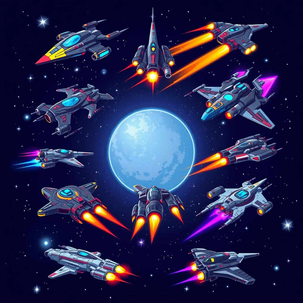 An array of 9 pixel art futuristic starfighters, showcasing a variety of creative designs including sleek, angular ships with bright neon colors, retro space-faring vehicles with metallic textures, and unique shapes with vibrant weaponry