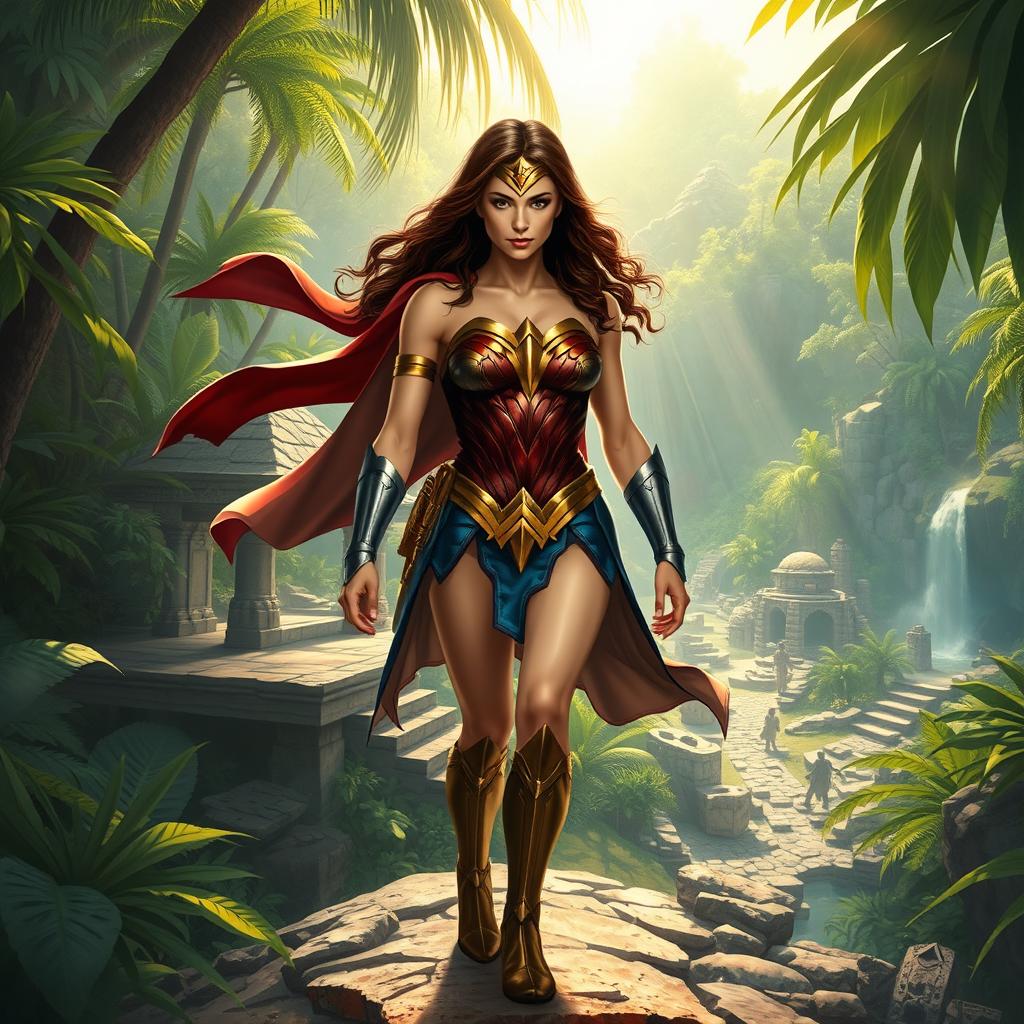 Wonder Woman embarking on an adventurous quest for lost treasure, set in a lush tropical jungle filled with ancient ruins and hidden pathways
