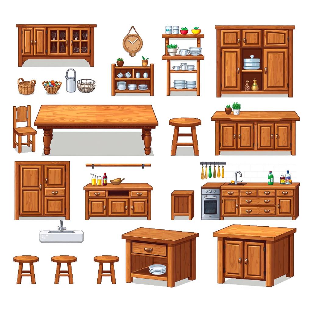 Pixel Art Spritesheet: Wooden Kitchen Furniture