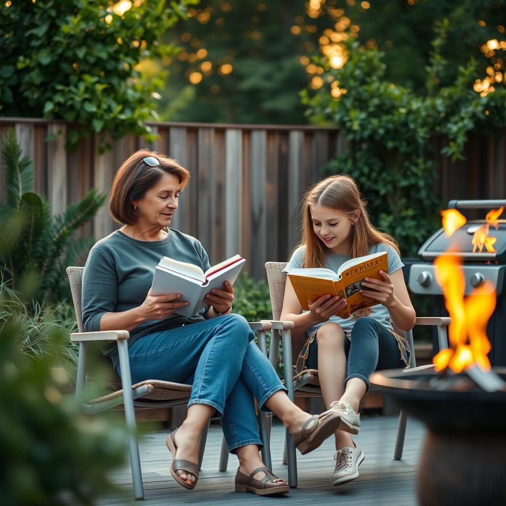 Cinematic shot of a middle-aged woman and her teenage daughter sitting side by side in terrace chairs, reading books and engaging in lighthearted conversation