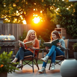 Cinematic shot of a middle-aged woman and her teenage daughter sitting side by side in terrace chairs, reading books and engaging in lighthearted conversation