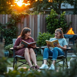 Cinematic shot of a middle-aged woman and her teenage daughter sitting side by side in terrace chairs, reading books and engaging in lighthearted conversation