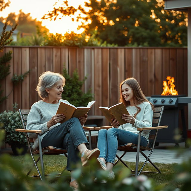 Cinematic shot of a middle-aged woman and her teenage daughter sitting side by side in terrace chairs, reading books and engaging in lighthearted conversation