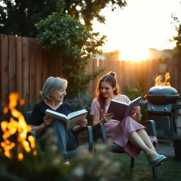 Dramatic cinematic shot of a middle-aged woman and her teenage daughter sitting side by side in terrace chairs, deeply engaged in reading books while sharing a light-hearted conversation