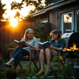 Dramatic cinematic shot of a middle-aged woman and her teenage daughter sitting side by side in terrace chairs, deeply engaged in reading books while sharing a light-hearted conversation