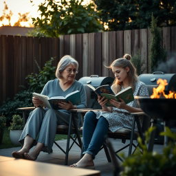 Dramatic cinematic shot of a middle-aged woman and her teenage daughter sitting side by side in terrace chairs, deeply engaged in reading books while sharing a light-hearted conversation