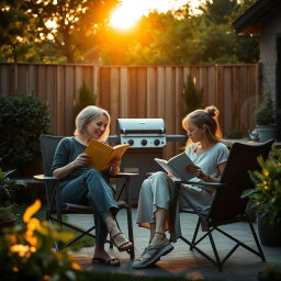Dramatic cinematic shot of a middle-aged woman and her teenage daughter sitting side by side in terrace chairs, deeply engaged in reading books while sharing a light-hearted conversation