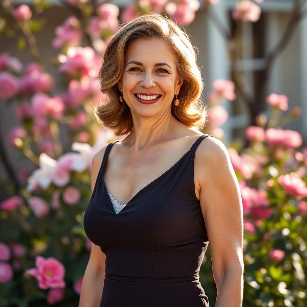 A mature, confident, and attractive mother with a warm smile, wearing an elegant dress that beautifully showcases her curves