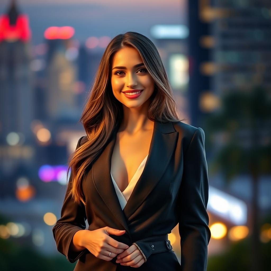 A beautiful brunette woman standing confidently, wearing a stylish, elegant outfit