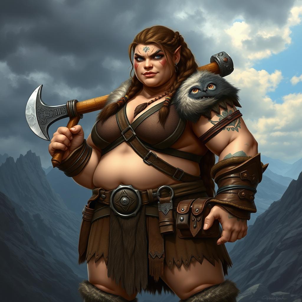 A chubby female half-orc barbarian standing proudly in a fierce pose, showcasing her muscular arms and strong build