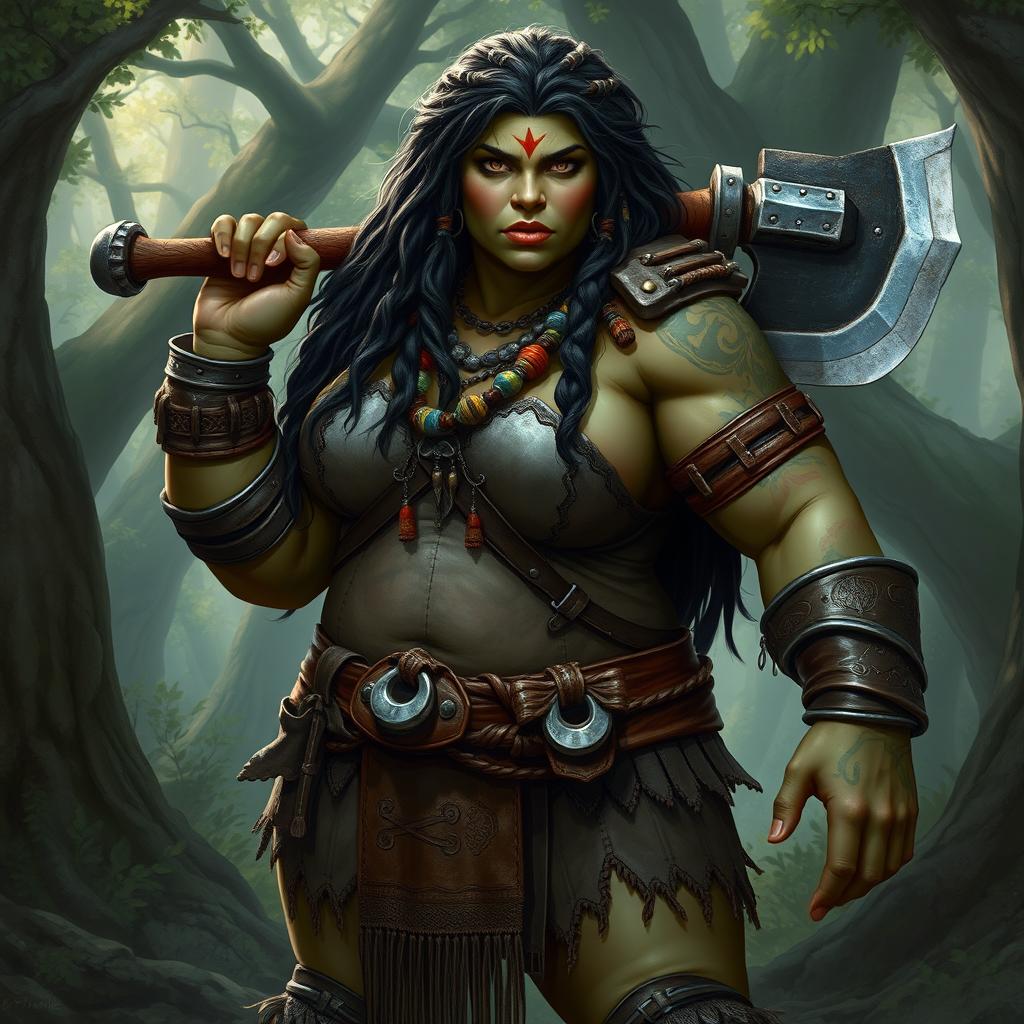 A powerful and imposing fat female half-orc barbarian, standing confidently with a massive axe slung over her shoulder