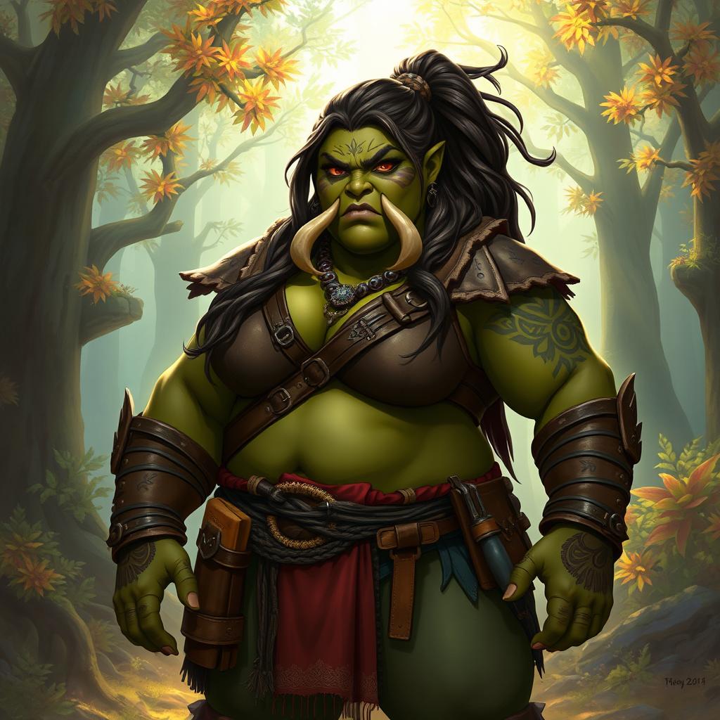 A strong and confident fat female half-orc character, showcasing her unique features such as prominent tusks, broad shoulders, and a muscular build