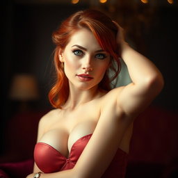 A beautiful and alluring red-haired woman with large breasts, posed in an artistic and tasteful manner that showcases her confidence and allure