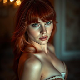 A beautiful and alluring red-haired woman with large breasts, posed in an artistic and tasteful manner that showcases her confidence and allure