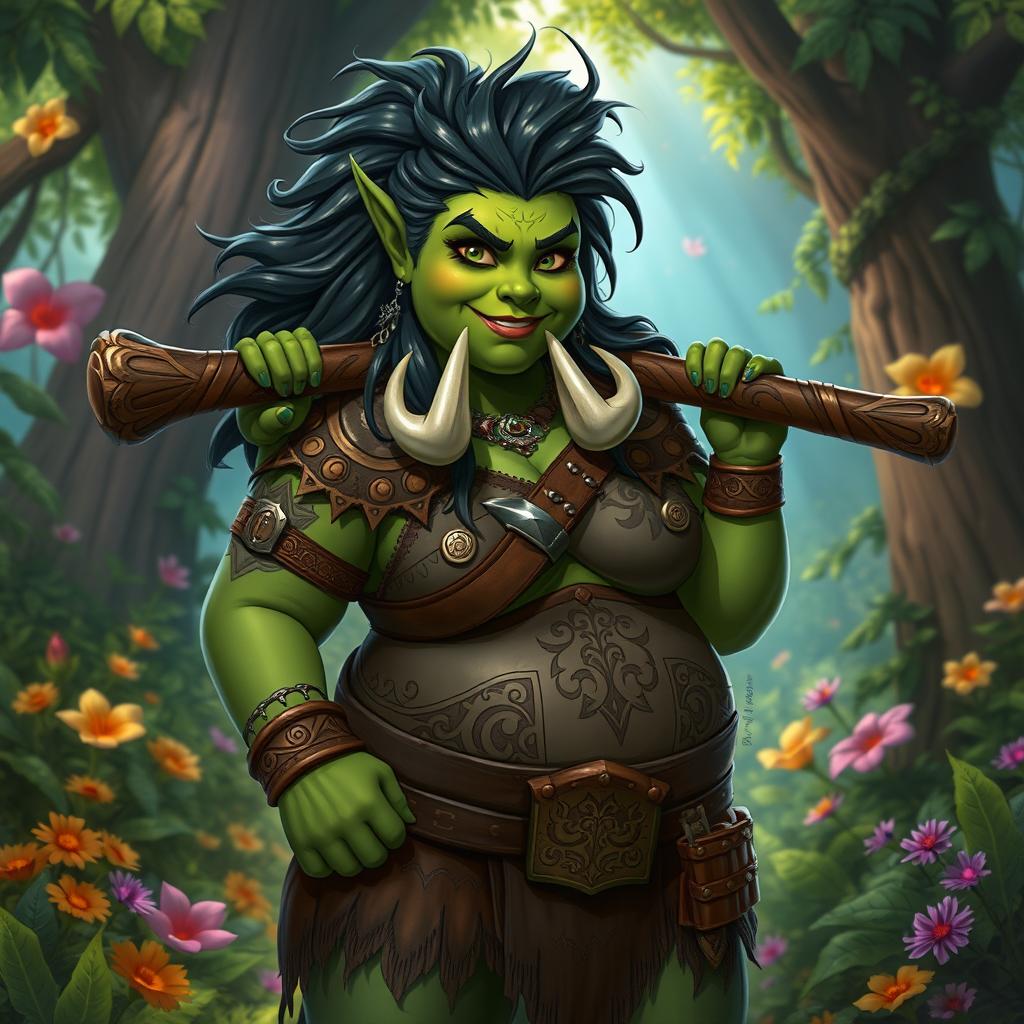 A chubby female half-orc with green skin and prominent tusks, wearing a leather armor adorned with intricate tribal patterns