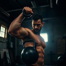 Dramatic cinematic shot of a man training intensely with a kettlebell in a dimly lit garage