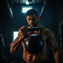 Dramatic cinematic shot of a man training intensely with a kettlebell in a dimly lit garage