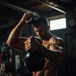 Dramatic cinematic shot of a man training intensely with a kettlebell in a dimly lit garage
