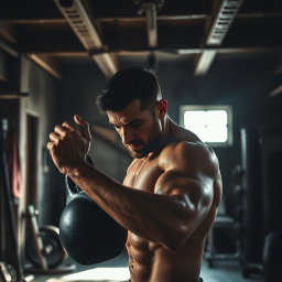 Dramatic cinematic shot of a man training intensely with a kettlebell in a dimly lit garage