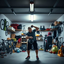 Dramatic cinematic wider shot of a Scandinavian dad training with a kettlebell in a modern garage filled with family items and fitness equipment