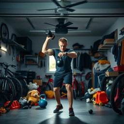 Dramatic cinematic wider shot of a Scandinavian dad training with a kettlebell in a modern garage filled with family items and fitness equipment