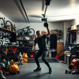 Dramatic cinematic wider shot of a Scandinavian dad training with a kettlebell in a modern garage filled with family items and fitness equipment