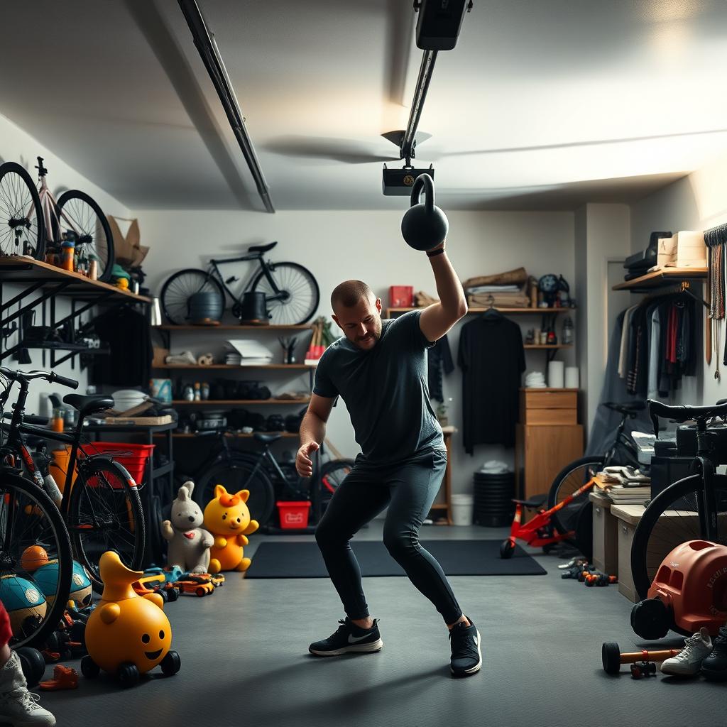 Dramatic cinematic wider shot of a Scandinavian dad training with a kettlebell in a modern garage filled with family items and fitness equipment