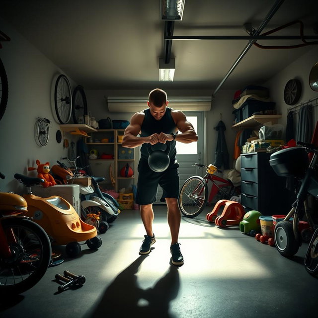 Dramatic cinematic wider shot of a Scandinavian dad training with a kettlebell in a modern garage filled with family items and fitness equipment